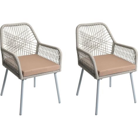 Lot de 2 chaises de jardin motif graphique aéré en aluminium gris corde tressée et coussins taupe inclus 040009693