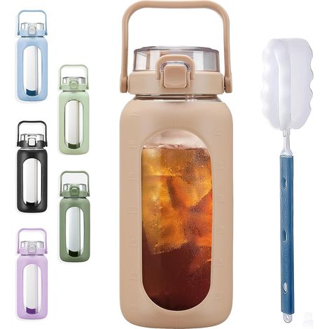 2L Glass Water Bottle with Straw Time Marker Motivation Water Bottle with Silicone Sleeve 2 Litre Large Glass Water Jug for Gym, Sports and Workout, Amber (1/5)