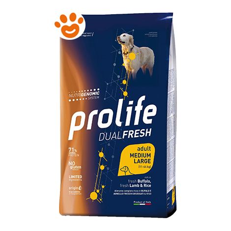 Prolife Dog DualFresh Adult Medium Large Bufalo, Agnello e Riso - Sacco 12 Kg -