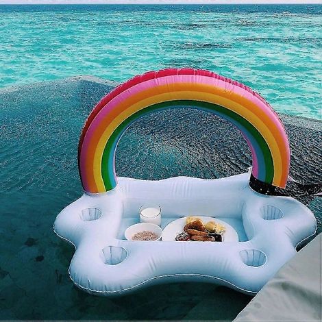 Bouée gonflable avec porte-gobelet, motif nuage arc-en-ciel, multicolore, 60 x 40 x 41 cm, idéale pour la plage, la piscine et les pique-niques. (1/4)