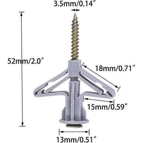 Chevilles pour cloisons creuses, kit de chevilles pour plaques de plâtre avec vis, chevilles autoperceuses pour cloisons creuses, grises, 65 lb (taille unique, 50 chevilles + 50 vis) (1/4)