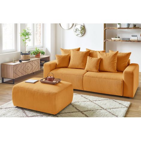 BOBOCHIC - Canapé droit convertible coffre ENVY velours côtelé avec pouf   Jaune (1/5)