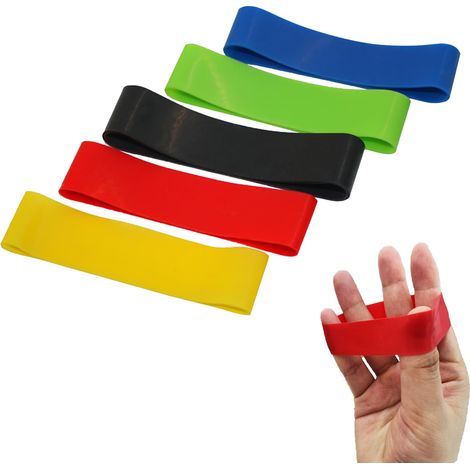 Set aus 5 Silikon-Verlängerungsbändern für Finger, Griffkraft, Unterarme und Handgelenke, ideal für Muskelkräftigung, Klettern und Fitness.