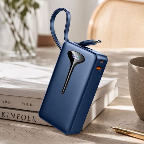 Batterie Externe 10000mAh USB-C 22.5W Charge Rapide, Power Bank Légère 190g avec Câble Intégré et Affichage LED, Compatible iPhone Samsung