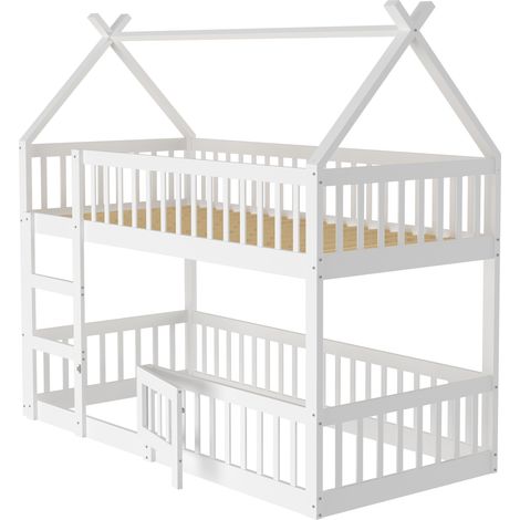 Lit superposé enfant 90200, lit familial pour enfant, lit superposé avec escalier, design loft, cadre de lit superposé en bois massif, blanc (1/4)