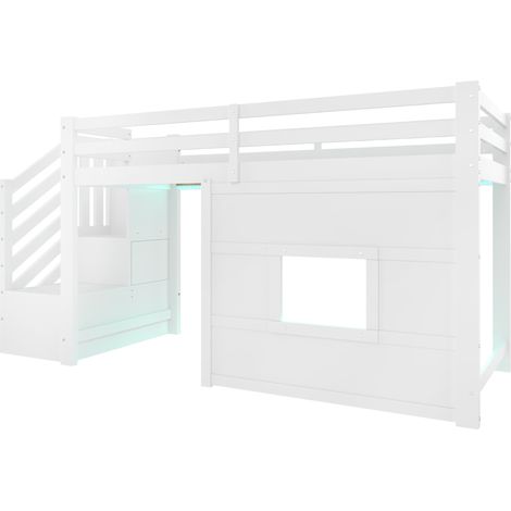 Cama alta 90 x 200 cm con escalera de almacenamiento y ventana, blanco (1/5)