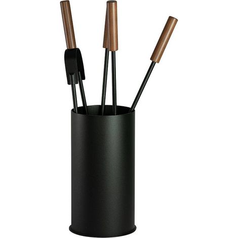 Porta attrezzi camino fiamma acciaio nero manico legno 4 accessori h.60 d. 16 cm. Made in Italy