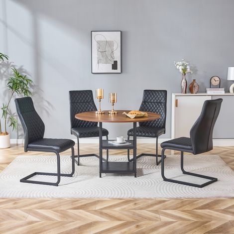 Essgruppe mit rundem Esstisch 107 cm und 4 Stühlen, MDF, schwarzes Metall, Industrie-Stil (1/5)