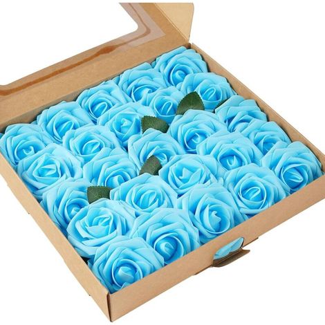 Fleurs Artificielles, 25 Pièces, Fausses Roses en Mousse de Polystyrène avec Tiges, Adaptées à la Décoration Intérieure, au Bouquet de Mariage, ou à la Décoration de Jardin, etc-Bleu Clair (1/5)