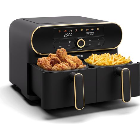Klarstein AuraAir Colour Touch Dual Air fryer  11L, 2 Drawer Air Fryer, 1700W, Colour Touch Display, 8 Programs, Non-Stick, Overheat Protection, Auto Switch-Off, Less Fat, Black/Gold