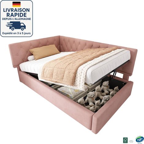 MODFU - Lit coffre enfant 90x190cm, hydraulique, canapé-lit capitonné, sommier à lattes, sans matelas, velours, rose (1/5)