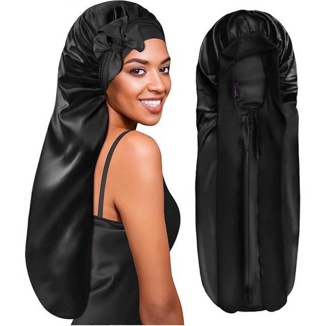 Bonnet de nuit extra long en satin, idéal pour les tresses longues et bouclées, noir. (1/5)