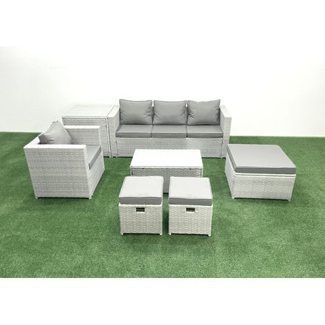 Fimous 7 Pièces Salon de jardin Canapé de jardin avec Fauteuil Table basse Table d'appoint 3 Tabourets Gris clair mixte (1/5)