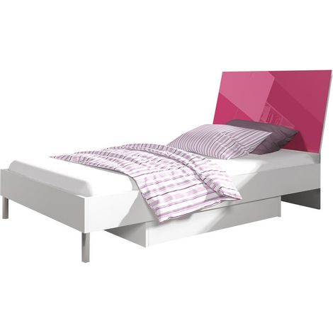 Cama Campus, Blanco + Rosa brillante, Individuales, 90x200, Aglomerado laminado, MDF, 94x220x91cm (1/4)