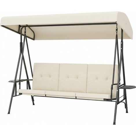 Balancelle 3 places inclinaison toit réglable 2 tablettes coussins acier polyester