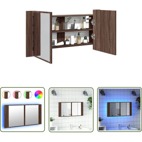 The Living Store Armoire à miroir à LED de bain chêne marron 90x12x45 cm - Armoire À Miroir - Miroir Lumineux - Éclairage Led - Meuble Salle De Bain - Rangement Maquillage (1/5)