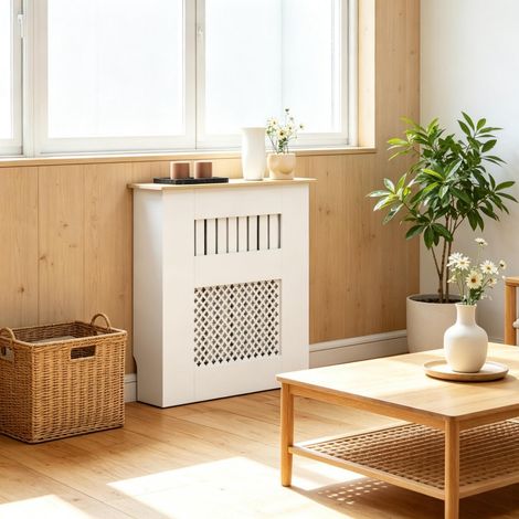 Sécurité et style pour la maison : cache-radiateur blanc en bois mélaminé, design à lamelles (1/5)
