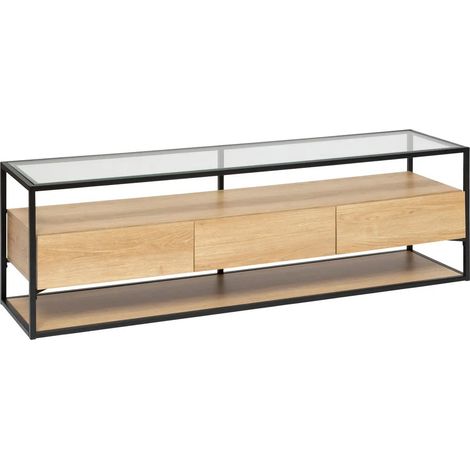 Meuble TV avec 3 tiroirs en bois coloris naturel et verre transparent - Longueur 160 x Profondeur 40 x Hauteur 50 cm (1/5)