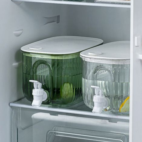 Pichet à eau pour réfrigérateur avec robinet, seau à jus/boissons fraîches ménager, seau à thé/citron/fruits/boissons, grande capacité, blanc transparent. (1/5)