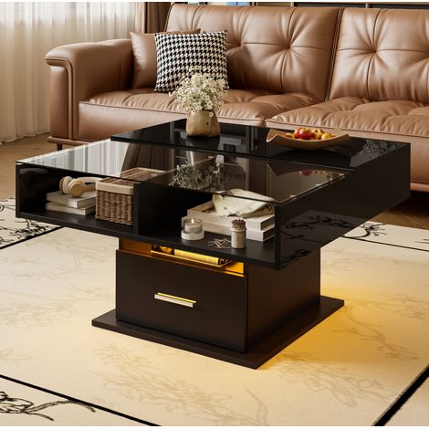 Table basse relevable LED 78x78 cm avec rangement noir OKMYHOME (1/5)