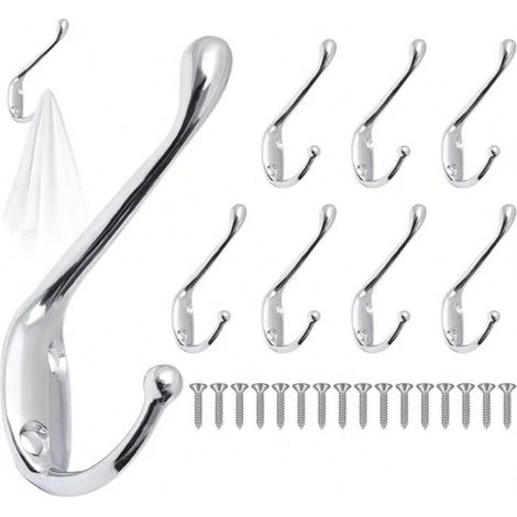 8pcs Crochet de Manteau Murale Vintage Argent, Crochets de Mural Rétro Double Métal, Crochets Muraux Patère avec Vis, Crochet Métal de Porte Chapeau pour Mural Salle de Bain Cuisine