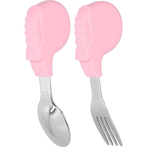 Ensemble de 2 couverts bébé, cuillère et fourchette en acier inoxydable pour l'apprentissage de l'alimentation autonome, forme de baleine rose (1/5)