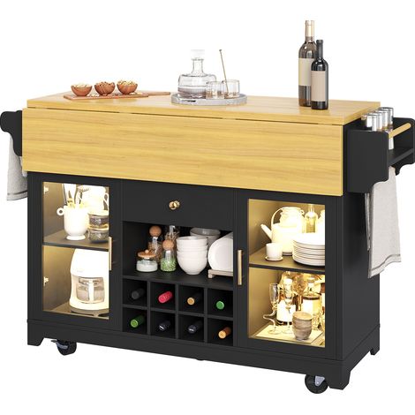 CHICFURN Chariot de service 120x80x95 cm en MDF et métal noir, LED RGB, plateau rabattable (1/5)
