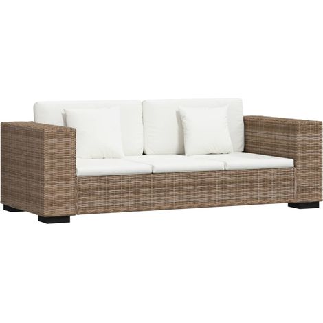 Vidaxl – Canapé de jardin 3 places en rotin naturel – Dimensions 200x80x61 cm – Coussins amovibles en lin crème – Cadre en bois durable