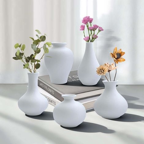 Set of 5 modern and minimalist Nordic style ceramic vases for living room - Luxury artistic decoration - Dried flower vase for home (white)
