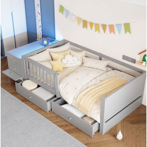 Lit enfant 90/200 cm gris avec rangement indépendant, prise intégrée et éclairage LED (1/5)