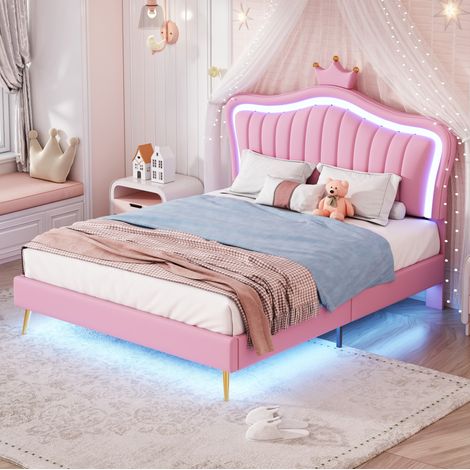 Cama infantil tapizada rosa de polipiel 140x200 cm con LED, somier de láminas y cabecero ajustable (1/5)