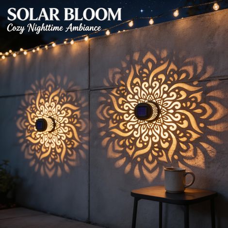 Lot de 2 lampes solaires à projection Mandala (blanc chaud) pour clôtures et murs extérieurs — Éclairage LED décoratif (1/5)