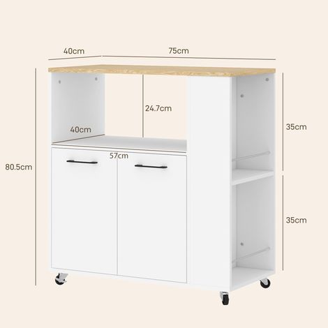 Chariot de cuisine en bois avec étagère ouverte, placard et étagère latérale, 75 x 40 x 80,5 cm, coloris chêne et blanc (1/5)