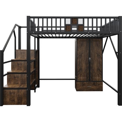 GagaLit mezzanine en métal 140x200 cm noir, armoire et escalier (1/5)