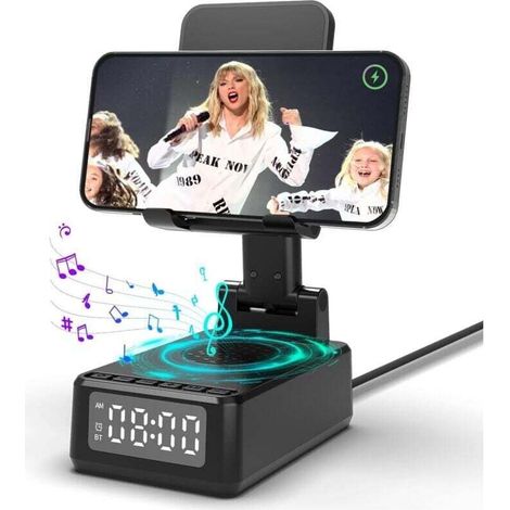 Radio et enceinte pour salle de bainEnceinte Bluetooth Portable 5 en1,Reveil Matin,Chargeur sans Fil,Support Pliable pour téléphone Portable Bureau,Idee Cadeau Homme Anniversaire,Original utile Cadeau (1/4)