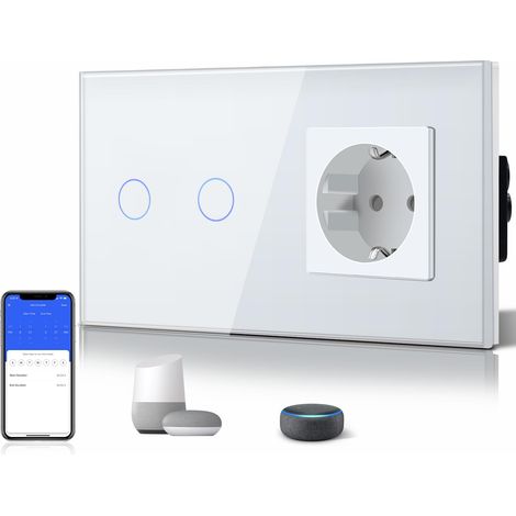 Interrupteur Tactile WiFi 2 Gang 1 Voie (Fil neutre nécessaire) avec Prise Schuko(Pas une prise française standard), Blanc (1/5)