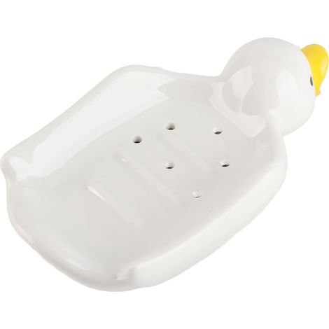 Jabonera de cerámica multifuncional con pequeño motivo de pato y desagüe para el baño [Cenicero de jabón de dibujos animados sin orificio, soporte decorativo para jabón] (1/5)