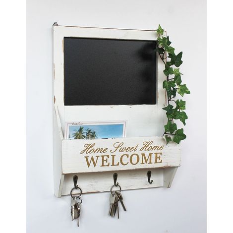 Dandibo – Organisateur mural porte-clés vintage en bois blanc – 3 crochets – Dimensions 40x30x8,5 cm – Tableau à craies inclus