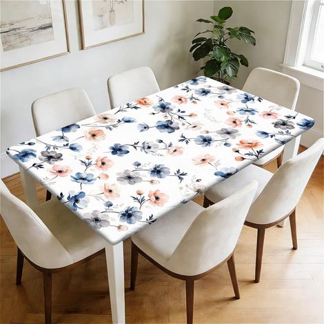 Abwaschbare Tischdecke 120x80cm mit Gummizug, wasserdicht, Blumenmuster, blau