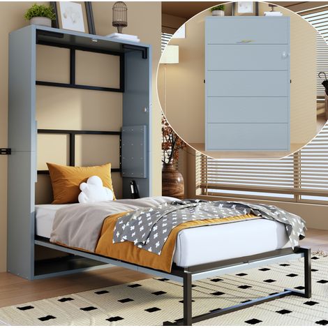 REDOM - Lit simple - 90x200 cm - avec verrouillage mural métal - bois - gris (Sans matelas) (1/5)