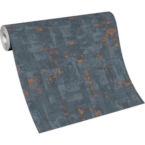 Papier peint chambre ado graphique gris | Tapisserie originale grise & orange effet béton | Papier peint tendance couloir & bureau (1/4)
