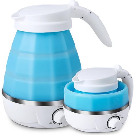 Zusammenklappbarer Wasserkocher, Mini-Reisewasserkocher, unabhängiges Stromkabel mit zwei Spannungen, Silikon mit Edelstahlboden (0,6 l, 110-220 V, EU-Version, blauer Stecker) (1/5)