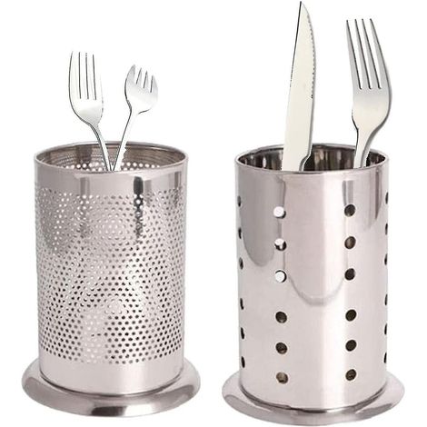 Panier porte-ustensiles en acier inoxydable argenté, égouttoir à couverts et cuillères, porte-ustensiles de cuisine rond, 2 pièces (1/5)