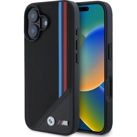 Coque rigide BMW BMHMP16S23PUTRK pour iPhone 16 6,1" noire/noire, motif à rayures tricolores en maille, compatible MagSafe