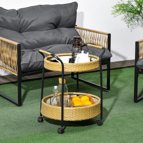 Carrello da esterno per servire, 2 ripiani, freni, polyrattan, struttura in metallo, Φ50 x 66H cm, giallo