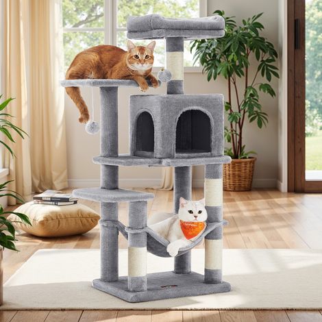 Feandrea – Arbre à chat multi-niveaux 112 cm – 4 poteaux à griffer – Hamac et grotte confortables – Pour jusqu'à 4 chats – Gris clair (1/5)