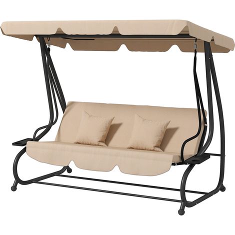 Banc‑balancelle 3 places – Avec porte‑gobelets, acier, dimensions 200 x 120 x 164 cm, marron – Convivialité et praticité (1/5)