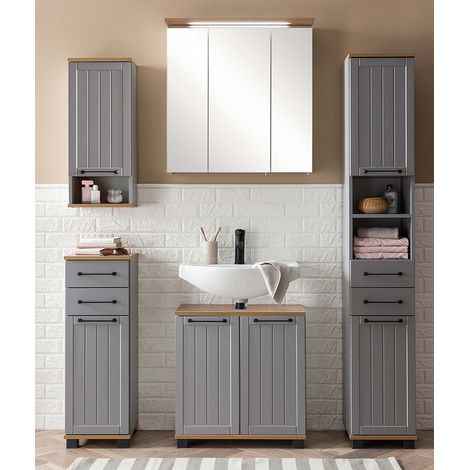Badmöbel Set mit Spiegelschrank, 5-teilig, grau mit Eiche Nb. im Landhaus Design, JAUSA-80 (1/5)
