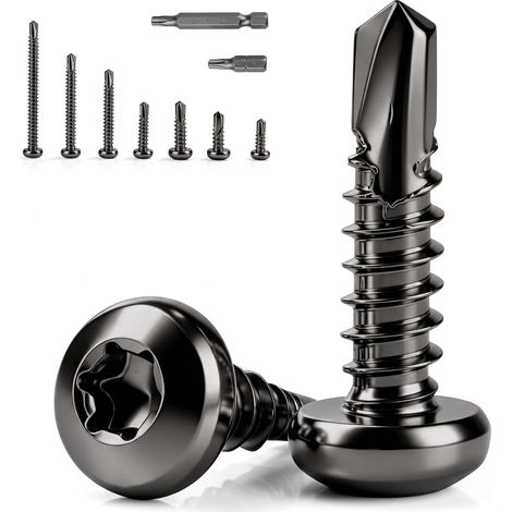 Lot de 100 vis autoperceuses Torx M4,2x16mm à tête ronde en acier inoxydable 410 à tête bombée autotaraudeuses noires DIN 7504 pour meubles en acier, bois, tôle (1/5)