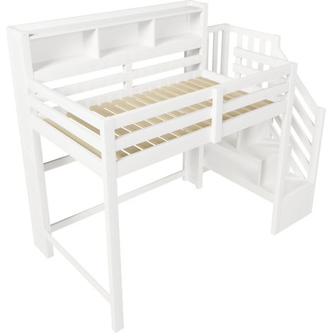 Cama alta infantil 90 x 200 cm con LED, almacenaje y escalera, blanca, sin colchón (1/5)